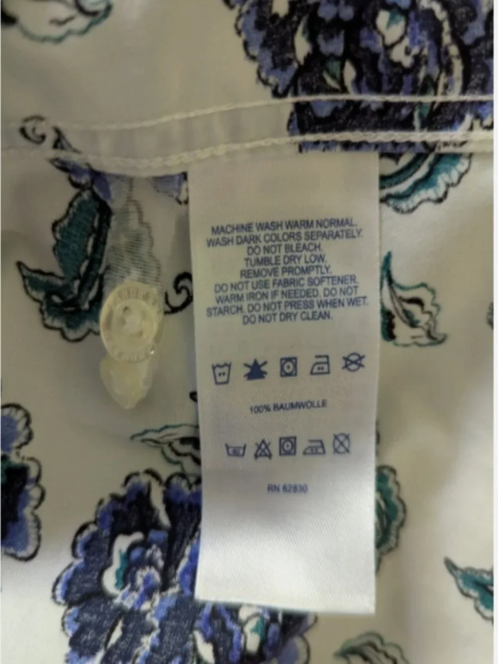 Lands' End Women's 3/4 Sleeve Blue/White Floral Blouse NO IRON Supima Size 12